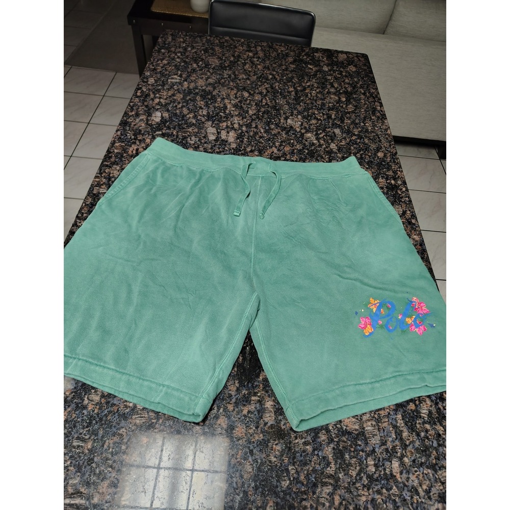 Polo Ralph Lauren Mens XXL Green Fleece Floral Graphic Sweat Shorts Drawstring